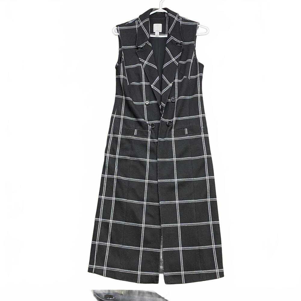 Halogen Nordstrom Black White Plaid Sleeveless Long Vest Duster Coat XS
